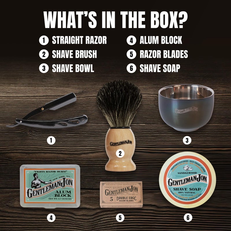 Gentleman Jon Straight Razor Shaving Kit - Vintage Wet Shave Grooming Set, Includes Straight Edge Razors for Men, Badger Hair Shaving Brush, Alum Block, Shave Soap, Bowl & Double Edge Safety Blades - Image 3